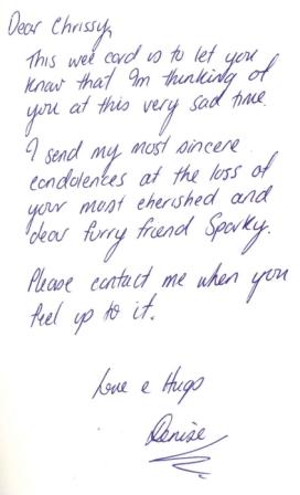 Insert of card from Denise saying goodbye to a dear and furry friend, Sparky the cat.